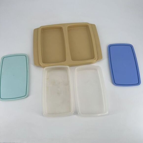VTG Tupperware Double Deli Serving Tray Harvest Gold Meat & Cheese Keeper Blue - Picture 5 of 12